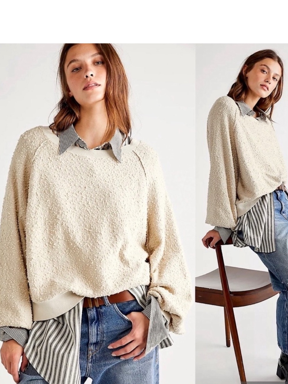 Free People Boucle Found My Friend ivory cream cotton oversized sweater size S